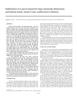 Stabilization of a Gravel Channel by Large Streamside Obstructions and Bedrock Bends, Jacoby Creek, Northwestern California