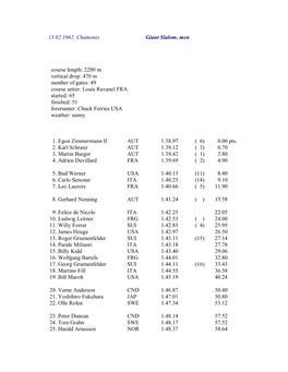 15.02.1962. Chamonix Giant Slalom, Men Course Length: 2200 M Vertical