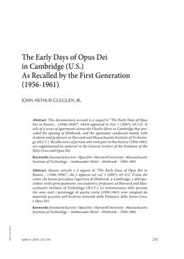 The Early Days of Opus Dei in Cambridge (U.S.) As Recalled by the First Generation (1956-1961)