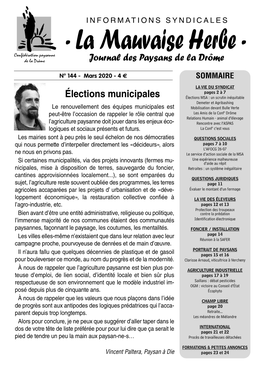 La Mauvaise Herbe - 3 Confédération Paysanne Journal Des Paysans De La Drôme De La Drôme N° 144 - Mars 2020 - 4 € SOMMAIRE