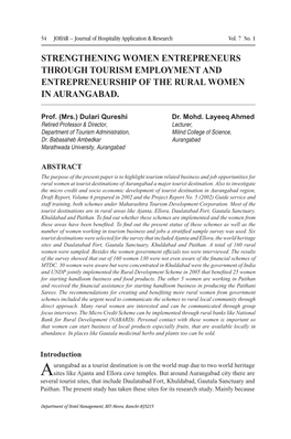 Strengthening Women Entrepreneurs Through Tourism Employment and Entrepreneurship of the Rural Women in Aurangabad