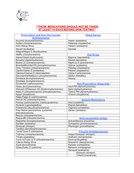 These Medications Should Not Be Taken at Least 14 Days Before Skin Testing**