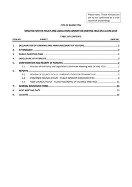 Minutes of Policy and Legislation Committee Held in the Committee Room, Administration Building, Southern Drive, Busselton, on 11 June 2019 at 2.00Pm