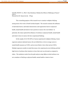 Does Resilience Mediate the Effects of Bullying in Nurses? (2013) Directed by Dr