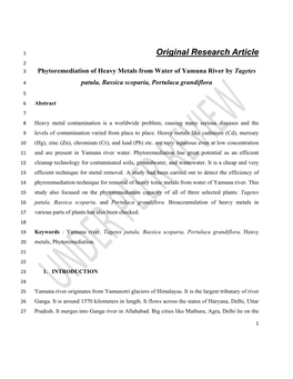 Original Research Article 2 3 Phytoremediation of Heavy Metals from Water of Yamuna River by Tagetes