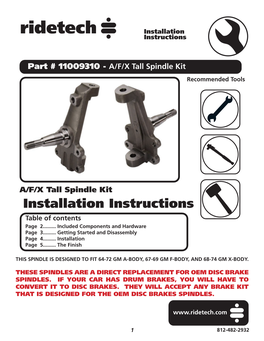 Part # 11009310 - A/F/X Tall Spindle Kit Recommended Tools