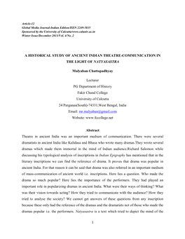 A HISTORICAL STUDY of ANCIENT INDIAN THEATRE-COMMUNICATION in the LIGHT of NATYASASTRA Malyaban Chattopadhyay Lecturer PG Depart