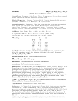 Stichtite Mg6cr2(CO3)(OH)16 • 4H2O C 2001-2005 Mineral Data Publishing, Version 1