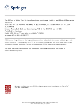 The Effect of 1980S Tort Reform Legislation on General Liability and Medical Malpractice Insurance Author(S): W