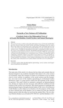 Towards a New Science of Civilization a Synthetic Study of the Philosophical Views of Al-Farabi, Ibn Khaldun, Arnold Toynbee, and Samuel Huntington