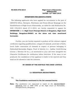 NO.HCE.578/2013 High Court of Karnataka BENGALURU DATED: 12 TH MAY 2015