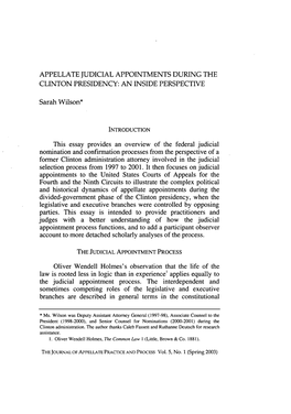 Appellate Judicial Appointments During the Clinton Presidency: an Inside Perspective