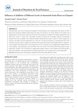 Influence of Addition of Different Levels of Amaranth Grain Flour on Chapatti