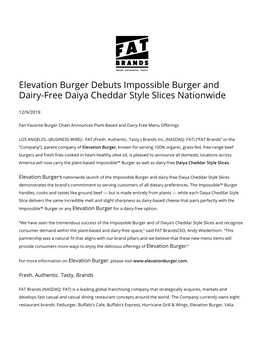 Elevation Burger Debuts Impossible Burger and Dairy-Free Daiya Cheddar Style Slices Nationwide