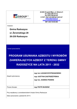 Program Usuwania Azbestu I Wyrobów Zawierających Azbest Z Terenu Gminy Radoszyce Na Lata 2011 - 2032