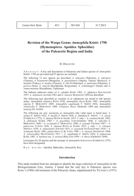 Revision of the Wasps Genus Ammophila KIRBY 1798 (Hymenoptera: Apoidea: Sphecidae) of the Palearctic Region and India