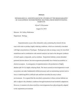 Abstract PHYSIOLOGICAL and PHYLOGENETIC STUDIES of THE