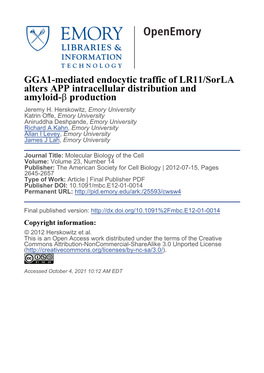 GGA1-Mediated Endocytic Traffic of LR11/Sorla Alters APP Intracellular Distribution and Amyloid-Β Production Jeremy H