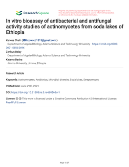 In Vitro Bioassay of Antibacterial and Antifungal Activity Studies of Actinomycetes from Soda Lakes of Ethiopia