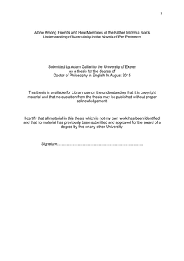 Alone Among Friends and How Memories of the Father Inform a Son's Understanding of Masculinity in the Novels of Per Petterson