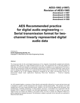 AES Recommended Practice for Digital Audio Engineering — Serial Transmission Format for Two- Channel Linearly Represented Digital Audio Data
