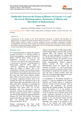 Similarities Between the Primeval History in Genesis 1-11 and the Greek Historiographers, Hecataeus of Miletus and Herodotus of Halicarnassus