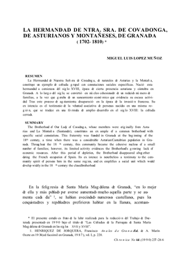 La Hermandad De Ntra. Sra. De Covadonga, De Asturianos Y Montañeses, De Granada (1702-1810)*