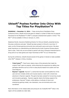 Ubisoft® Pushes Further Into China with Top Titles for Playstation®4