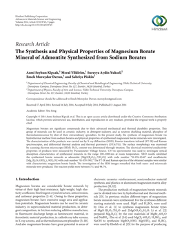 The Synthesis and Physical Properties of Magnesium Borate Mineral of Admontite Synthesized from Sodium Borates