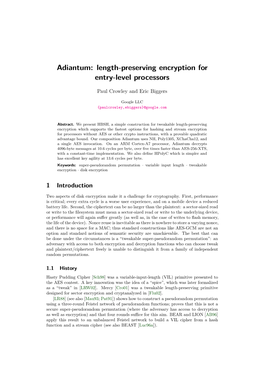 Adiantum: Length-Preserving Encryption for Entry-Level Processors