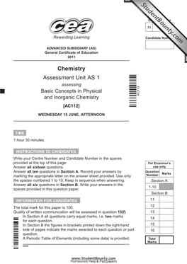 Chemistry Assessment Unit AS 1 Assessing Basic Concepts in Physical and Inorganic Chemistry AC112 [AC112]