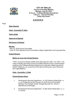 CITY of ORILLIA Council Committee Meeting Monday, June 20, 2016 4:15 P.M