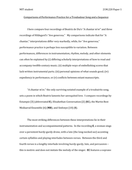 Comparisons of Performance Practice for a Troubadour Song and a Sequence