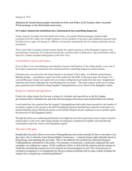 January 8, 2012 Statement by Sonali Samarasinghe Journalist in Exile and Widow of Sri Lankan Editor Lasantha Wickrematunge on Hi