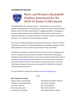 Men's and Women's Basketball Finalists Announced for the 2018