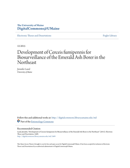 Development of Cerceis Fumipennis for Biosurveillance of the Emerald Ash Borer in the Northeast Jennifer Lund University of Maine