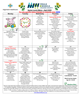 Senior Lunch Menu – April 2020 for Site Specific Menu Changes Or