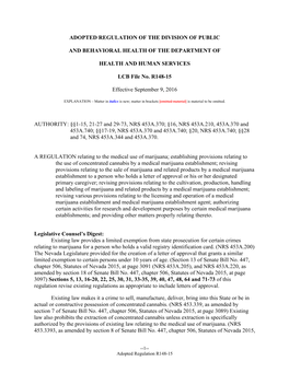 ADOPTED REGULATION of the DIVISION of PUBLIC and BEHAVIORAL HEALTH of the DEPARTMENT of HEALTH and HUMAN SERVICES LCB File No. R