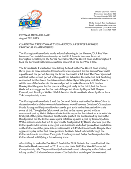 FESTIVAL MEDIA RELEASE August 20Th, 2015 CLARINGTON TAKES