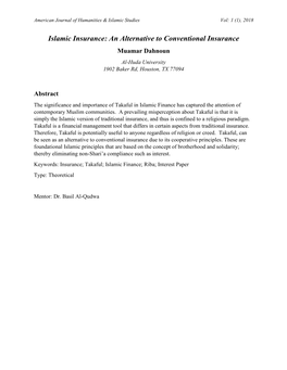 Islamic Insurance: an Alternative to Conventional Insurance Muamar Dahnoun Al-Huda University 1902 Baker Rd, Houston, TX 77094