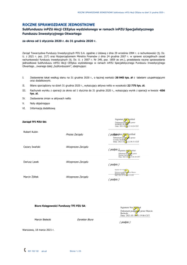 ROCZNE SPRAWOZDANIE JEDNOSTKOWE Subfunduszu Inpzu Akcji Ceeplus Na Dzień 31 Grudnia 2020 R