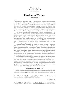 Bioethics in Wartime Eric Cohen