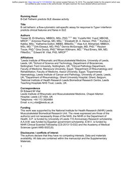 1 Running Head B-Cell Tetherin Predicts SLE Disease