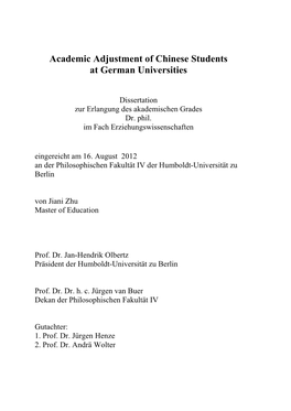 Academic Adjustment of Chinese Students at German Universities