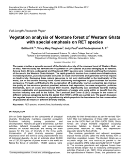 Vegetation Analysis of Montane Forest of Western Ghats with Special Emphasis on RET Species