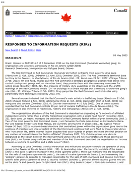 Comando Vermelho) Gang; Its Organization and Activities, Particularly in Rio De Janeiro (2000-2003) Research Directorate, Immigration and Refugee Board, Ottawa