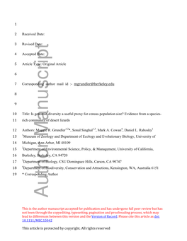 Is Genomic Diversity a Useful Proxy for Census Population Size? Evidence from a Species- 11 Rich Community of Desert Lizards