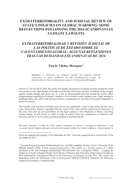 Extraterritoriality and Judicial Review of State’S Policies on Global Warming: Some Reflections Following the 2016 Scandinavian Climate Lawsuits