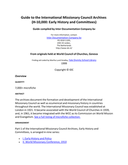 Guide to the International Missionary Council Archives (H-10,000: Early History and Committees)