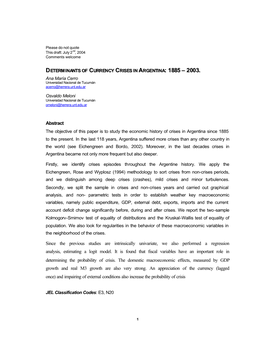 Determ Inants of Currency Crises in Argentina: 1885 – 2003